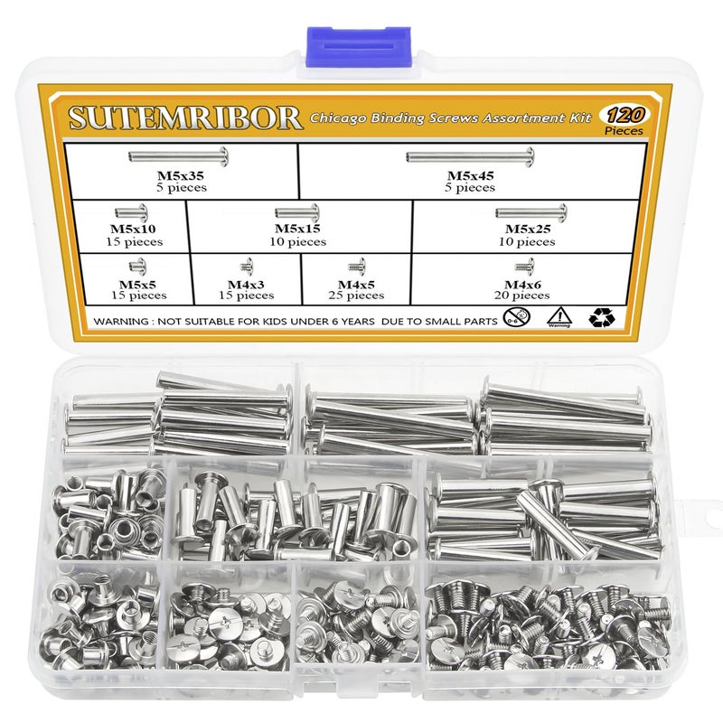 Sutemribor سوتيمريبر 120 قطعة براغي تشيكاغو M5 x 5/10/15/25/35/45 مم لمجموعة تجميع الحرف اليدوية لربط الكتب الجلدية - Image 1